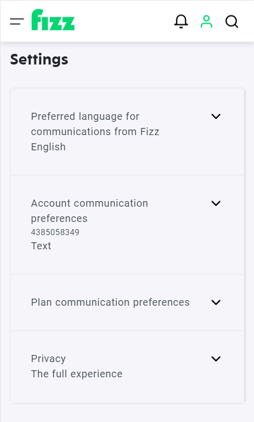 Screenshot: Settings screen in "My profile" section