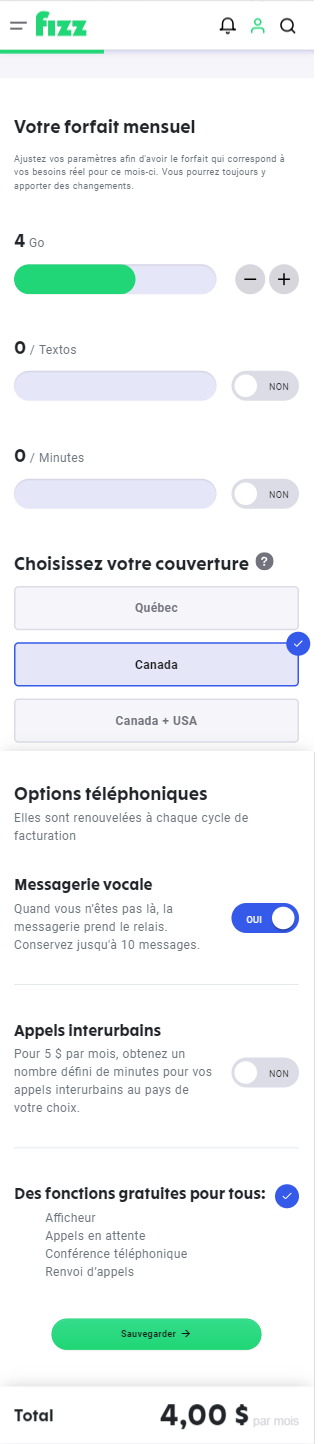 capture d’écran : choisissez des options pour votre forfait : couverture, options téléphoniques, fonctions gratuites, et cliquez sur sauvegarder